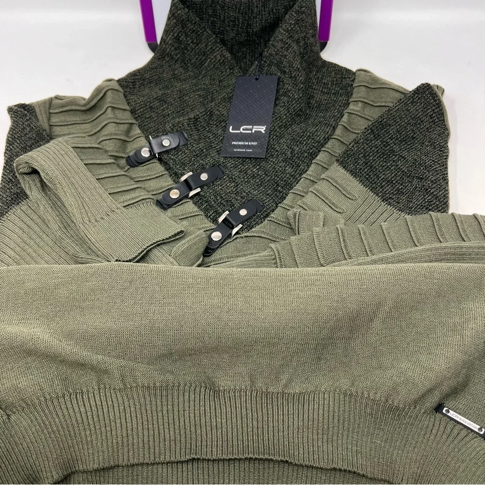 LCR Black Edition Olive Green Shawl Collar Hardware Detail Sweater Size XL NWT